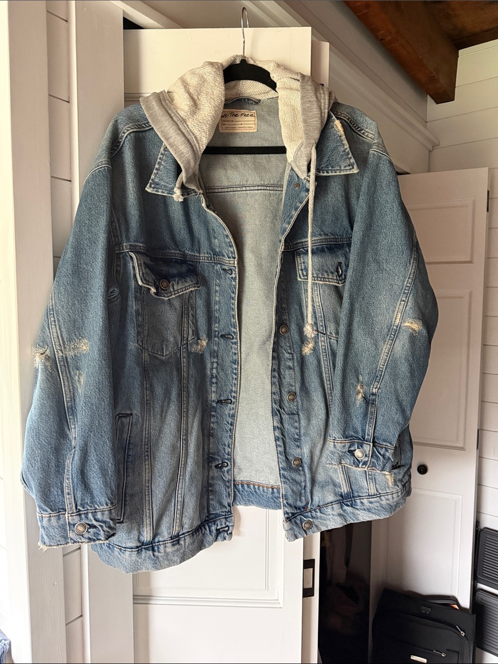Free People Light Blue Distessed Oversized  Denim Jacket with Gray Hood Small